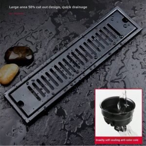 8–31.5-Inch 304 Stainless Steel Black Linear Floor Drain — Electroplated Black Finish, Featuring an Odor-Blocking Core and Anti-Hair Clogging Design; a Heavy-Duty Rectangular Shower Drain Suitable for Bathrooms, Garages, and Patios.
